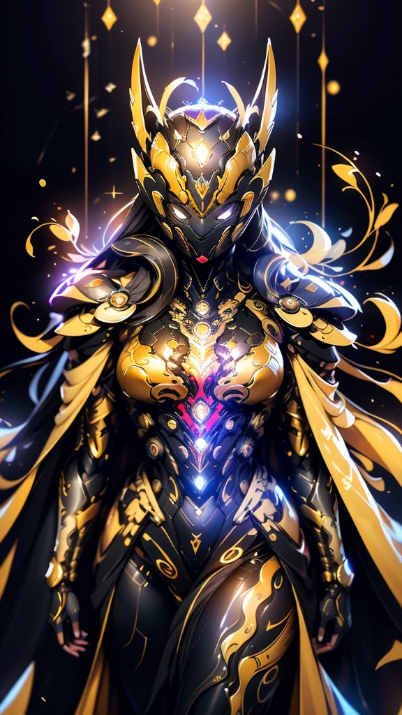 A woman adorned in fantasy-style full-body armor, a crown-concept fully enclosed helmet that unveils only her eyes, a composite layered chest plate, fully encompassing shoulder and hand guards, a lightweight waist armor, form-fitting shin guards, the overall design is heavy-duty yet flexible, (the armor gleams with a golden glow, complemented by red and blue accents), exhibiting a noble aura, she floats above a fantasy-surreal high-tech city, this character embodies a finely crafted fantasy-surreal style armored hero in anime style, exquisite and mature manga art style, (mixture of Queen bee and Spider concept Armor, plasma), ((Element, elegant, goddess, femminine:1.5)), metallic, high definition, best quality, highres, ultra-detailed, ultra-fine painting, extremely delicate, professional, anatomically correct, symmetrical face, extremely detailed eyes and face, high quality eyes, creativity, RAW photo, UHD, 32k, Natural light, cinematic lighting, masterpiece-anatomy-perfect, masterpiece:1.5