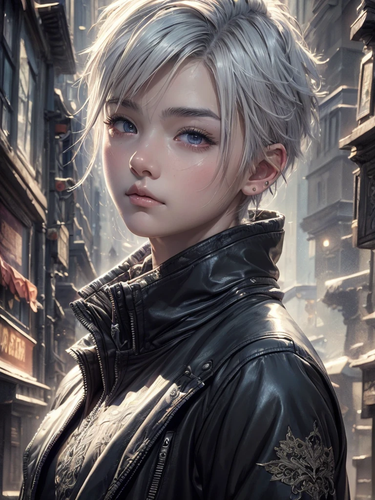 un jeune garçon aux cheveux blancs courts, Porter une veste noire, portrait hyperréaliste, traits du visage extrêmement détaillés, Style animé, détails complexes, de beaux yeux perçants, netteté, éclairage dramatique cinématographique, Couleurs vives, chef-d&#39;œuvre, art numérique primé, tendance sur CGTrader