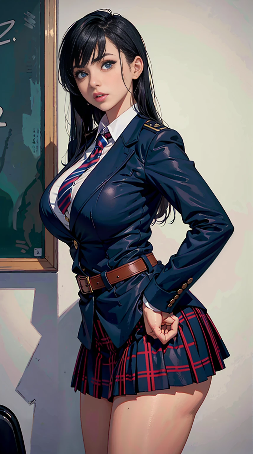 masterpiece, best quality, illustration, Super detailed, fine details, High resolution, 8K,wall paper, perfect dynamic composition,(Details High quality, realistic depiction of eyes:1.3), from side, High School Classroom、High school girl uniform、blazer 、Super Short Check Uniform Skirt、Navy blue high socks、garterbelts、Colossal 、Disturbed uniform,  straight hair, black hair color, huge breasts, Big Natural Color Lip, bold sexy pose, (perfect body shape), crying a little、Harajuku style、20 year old girl、 beautiful legs, hposing Gravure Idol, Voluptuous thighs