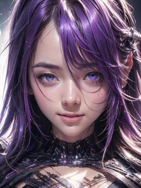 happy girl, centered, looking at the camera, approaching perfection, dynamic, shades of purple, highly detailed, digital paintin...