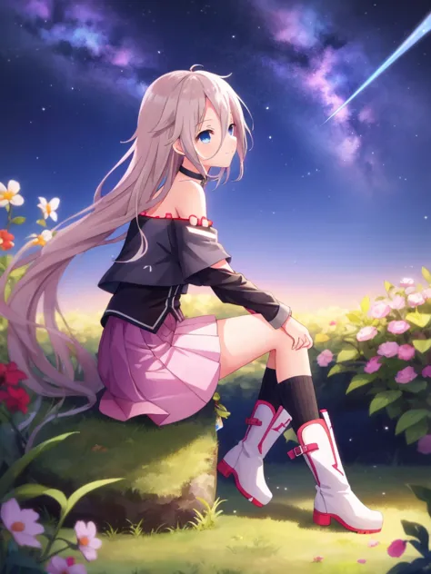 one girl, ia, vocaloid, skirt, black shirt, off shoulder, choker, beauty, girl from other planet, happy, mysterious girl, boots,...