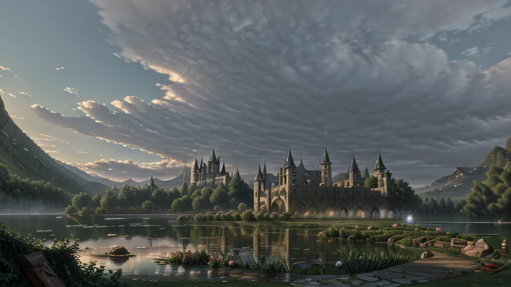 In the morning light, there is a castle by the lake. The rose garden is full of roses,surrounded by clouds and mist, It is romantic and dreamy ,super large scene,Thomas Kincaid,ultra wide Angle,high-definition picture,detailed,rendered in artstation