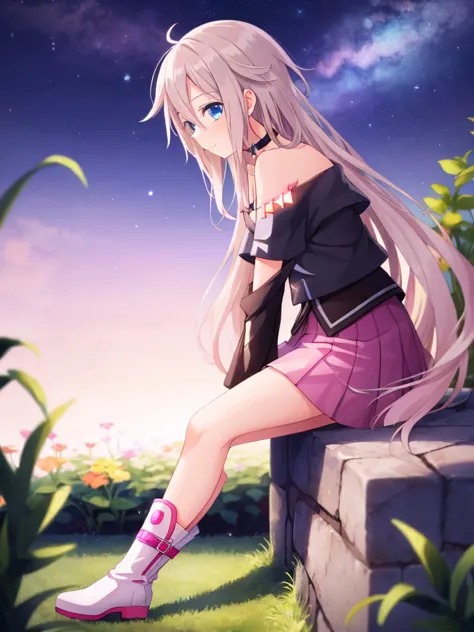 one girl, ia, vocaloid, skirt, black shirt, off shoulder, choker, beauty, girl from other planet, happy, mysterious girl, boots,...