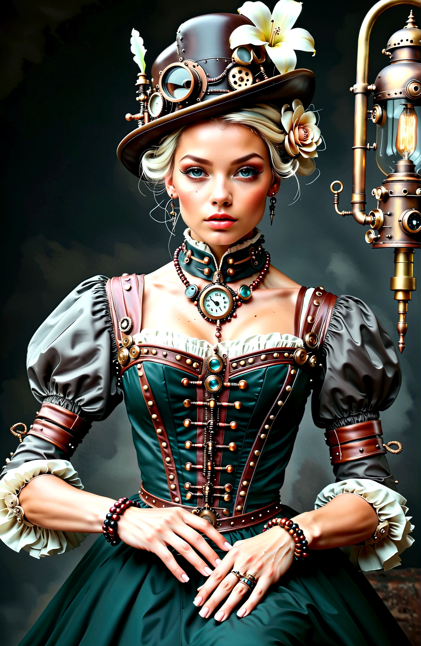 ((​masterpiece)), (best quality), (filmic),(Extreme detail CG Unity 8K wallpaper), 1 girl, fit,Delicious company, small breasts,(no protective goggles on the face)(very long silver hair),a stunning silver-haired steampunk woman sitting on the floor, who lost her forearm in an accident, but instead received a beautifully designed, fine and perfectly fitting robotic prosthesis(steampunk style)sits relaxed on the floor in front of a dystopian steampunk backdrop with machines and factories.and with this prosthesis she shows us a sealed, delicate poison glass bottle with blue liquid in it in. Hand-forearm prosthesis made of brass and leather. She wears Victorian clothing made of fabric and leather and decorative goggles on her head, also made of brass and leather. The landscape is a bit gloomy, but also impressive.,1 line drawing,the picture,steampunk style 