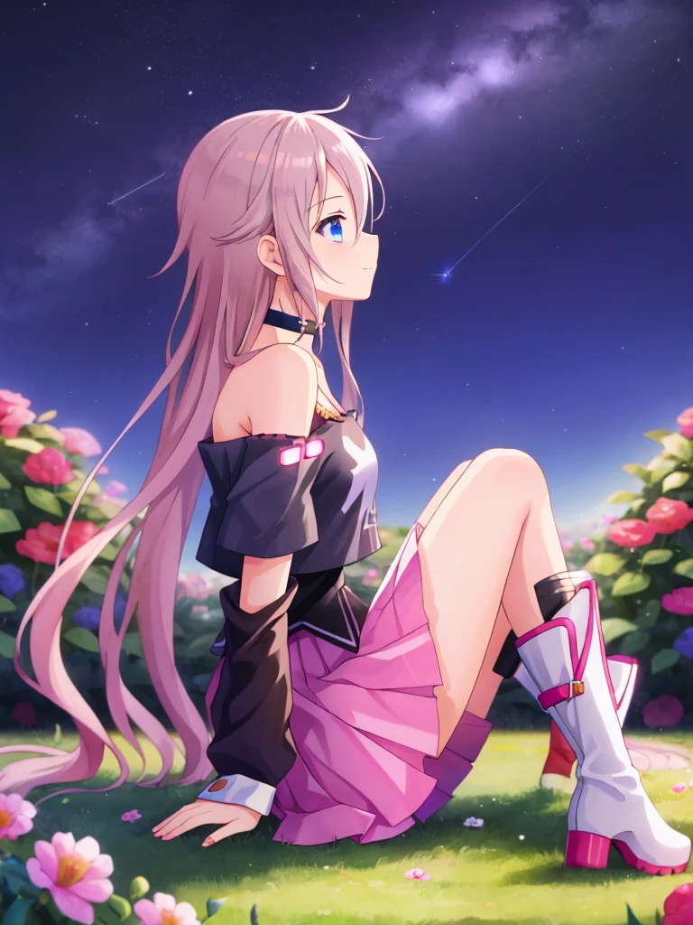 one girl, IA, vocaloid, skirt, black shirt, off shoulder, choker, beauty, girl from other planet, happy, mysterious girl, boots, sitting on garden ground, full body, hold knee, from side, gaze at sky, night sky, face in profile