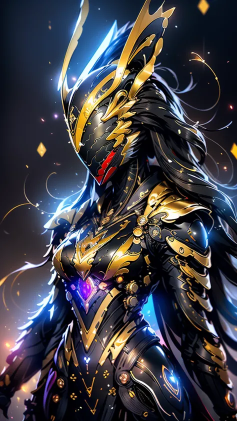 A woman adorned in fantasy-style full-body armor, a crown-concept fully enclosed helmet that unveils only her eyes, a composite ...