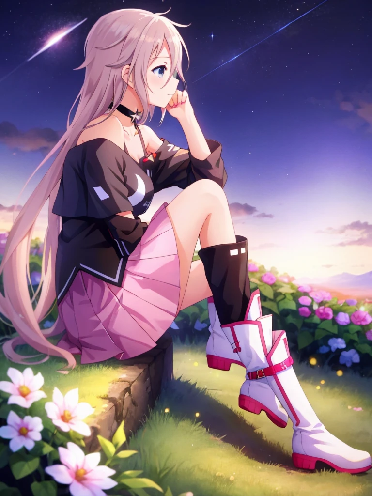 one girl, IA, vocaloid, skirt, black shirt, off shoulder, choker, beauty, girl from other planet, happy, mysterious girl, boots, sitting on garden ground, full body, hold knee, from side, gaze at sky, night sky, face in profile