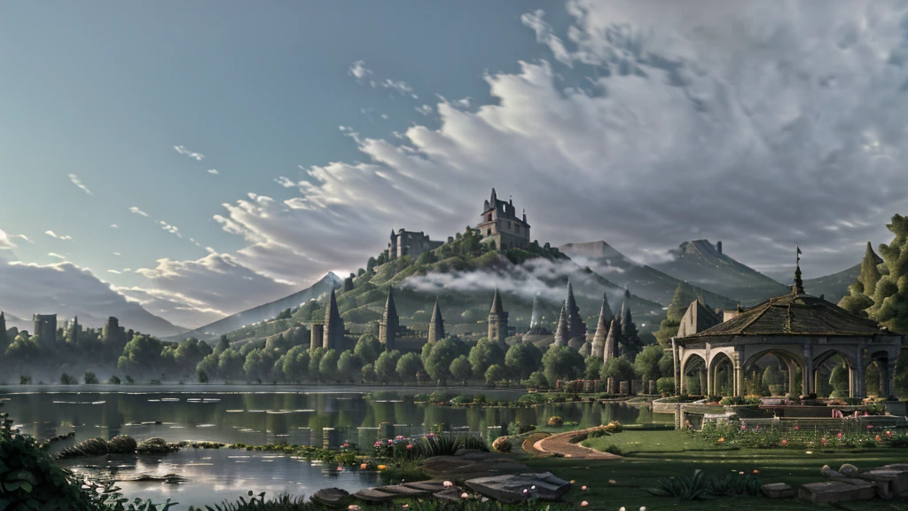 In the morning light, there is a castle by the lake. The rose garden is full of roses,surrounded by clouds and mist, It is romantic and dreamy ,super large scene,Thomas Kincaid,ultra wide Angle,high-definition picture,detailed,rendered in artstation Blurred edges