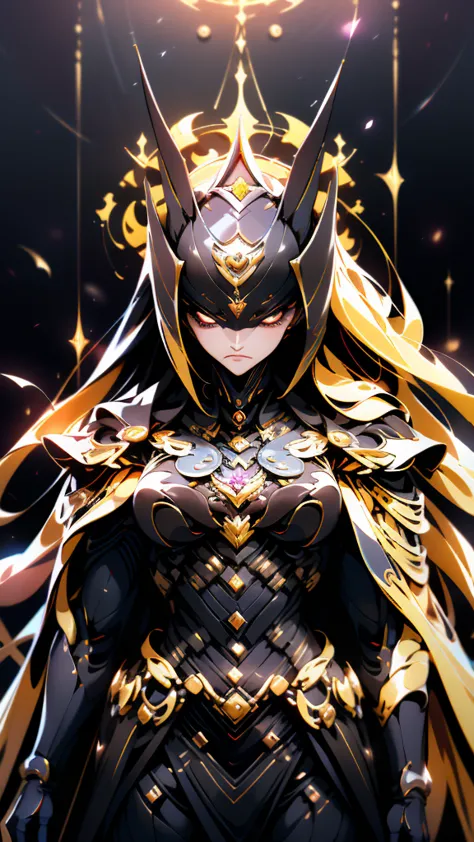 A woman adorned in fantasy-style full-body armor, a crown-concept fully enclosed helmet that unveils only her eyes, a composite ...