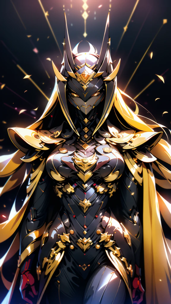 A woman adorned in fantasy-style full-body armor, a crown-concept fully enclosed helmet that unveils only her eyes, a composite layered chest plate, fully encompassing shoulder and hand guards, a lightweight waist armor, form-fitting shin guards, the overall design is heavy-duty yet flexible, (the armor gleams with a golden glow, complemented by red and blue accents), exhibiting a noble aura, she floats above a fantasy-surreal high-tech city, this character embodies a finely crafted fantasy-surreal style armored hero in anime style, exquisite and mature manga art style, (mixture of Queen bee and Spider concept Armor, plasma), ((Element, elegant, goddess, femminine:1.5)), metallic, high definition, best quality, highres, ultra-detailed, ultra-fine painting, extremely delicate, professional, anatomically correct, symmetrical face, extremely detailed eyes and face, high quality eyes, creativity, RAW photo, UHD, 32k, Natural light, cinematic lighting, masterpiece-anatomy-perfect, masterpiece:1.5