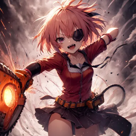 energetic, fun, explosive, Power imitating Himeno in Chainsaw Man, sharp teeth grind smile, sassy, wearing an eye patch on her l...