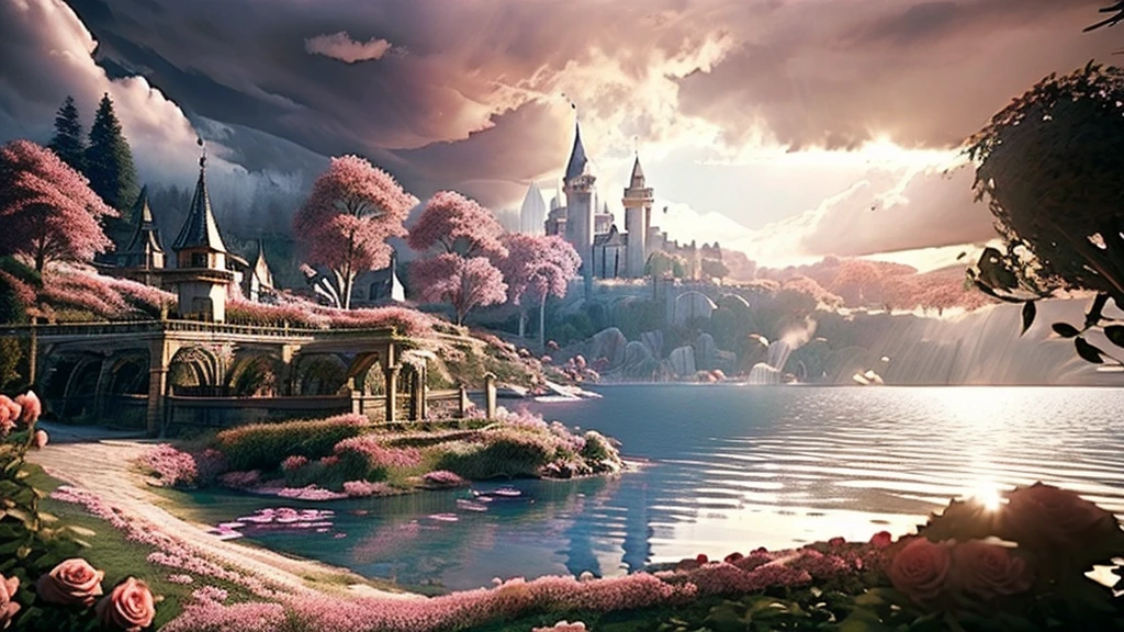 en la luz de la mañana, hay un castillo junto al lago. El jardín de rosas está lleno de rosas,rodeado de nubes y niebla, Es romántico y de ensueño ,escena súper grande,Thomas Kincaid,Ultra gran angular,imagen de alta definición,detallado,renderizado en ArtStation con bordes difuminados