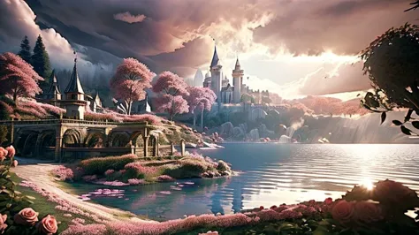 In the morning light, there is a castle by the lake. The rose garden is full of roses,surrounded by clouds and mist, It is roman...
