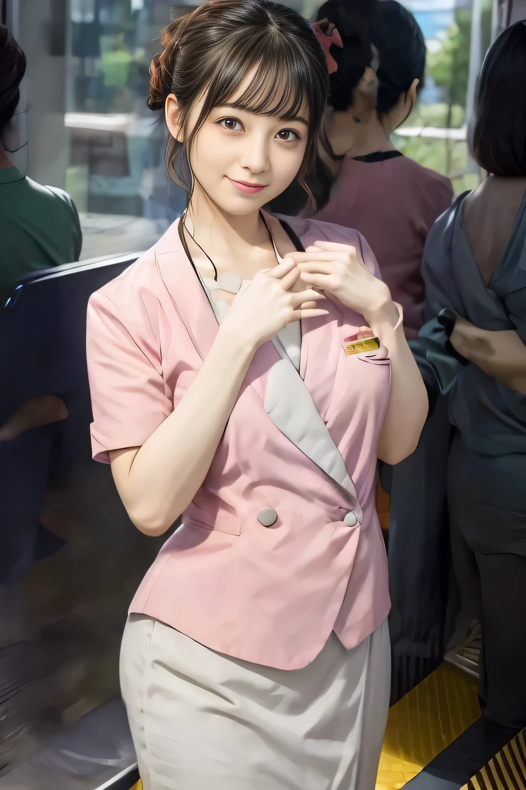 (masterpiece:1.2, Highest quality:1.2), 32K HDR, High resolution, (alone、1 girl)、 (Height: 160cm)、（On the rooftop of a building in the daytime、Professional Lighting）、Building rooftop background、（Nankai train crew uniform pinkを着たリアルスタイル）、（Nankai train crew uniform pink short sleeve collarless pink jacket、Nankai Train Crew Uniform Pink Collarless Short Sleeve Blouse、Nankai Train Crew Uniform Pink Grey Knee-length Culottes）、Dark brown hair、（Hair tied up、Hair tied up、Evening curly hairstyle）、Dark brown hair、Long Shot、Big Breasts、Thin legs、（（Great hands：2.0）），（（Harmonious body proportions：1.5）），（（Normal limbs：2.0）），（（Normal finger：2.0）），（（Delicate eyes：2.0）），（（Normal eyes：2.0））)、smile、（Nankai Train Crew Uniform Pink Grey Knee-length Culottesを見せた美しい歩く姿）、Place your hands around your stomach、Lanyard employee ID card