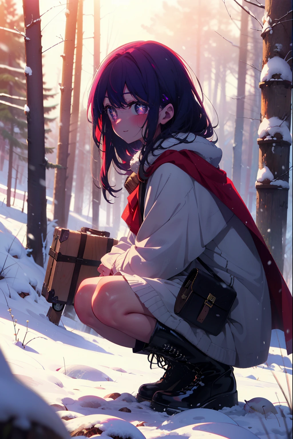 aihoshino, ai hoshino, Long Hair, bangs, (Purple eyes:1.1), Purple Hair, (Symbol-shaped pupil:1.5), smile,,smile,blush,White Breath,
Open your mouth,snow,Ground bonfire, Outdoor, boots, snowing, From the side, wood, suitcase, Cape, Blurred, , forest, White handbag, nature,  Squat, Mouth closed, Cape, winter, Written boundary depth, Black shoes, red Cape break looking at viewer, Upper Body, whole body, break Outdoor, forest, nature, break (masterpiece:1.2), Highest quality, High resolution, unity 8k wallpaper, (shape:0.8), (Beautiful and beautiful eyes:1.6), Highly detailed face, Perfect lighting, Extremely detailed CG, (Perfect hands, Perfect Anatomy),
