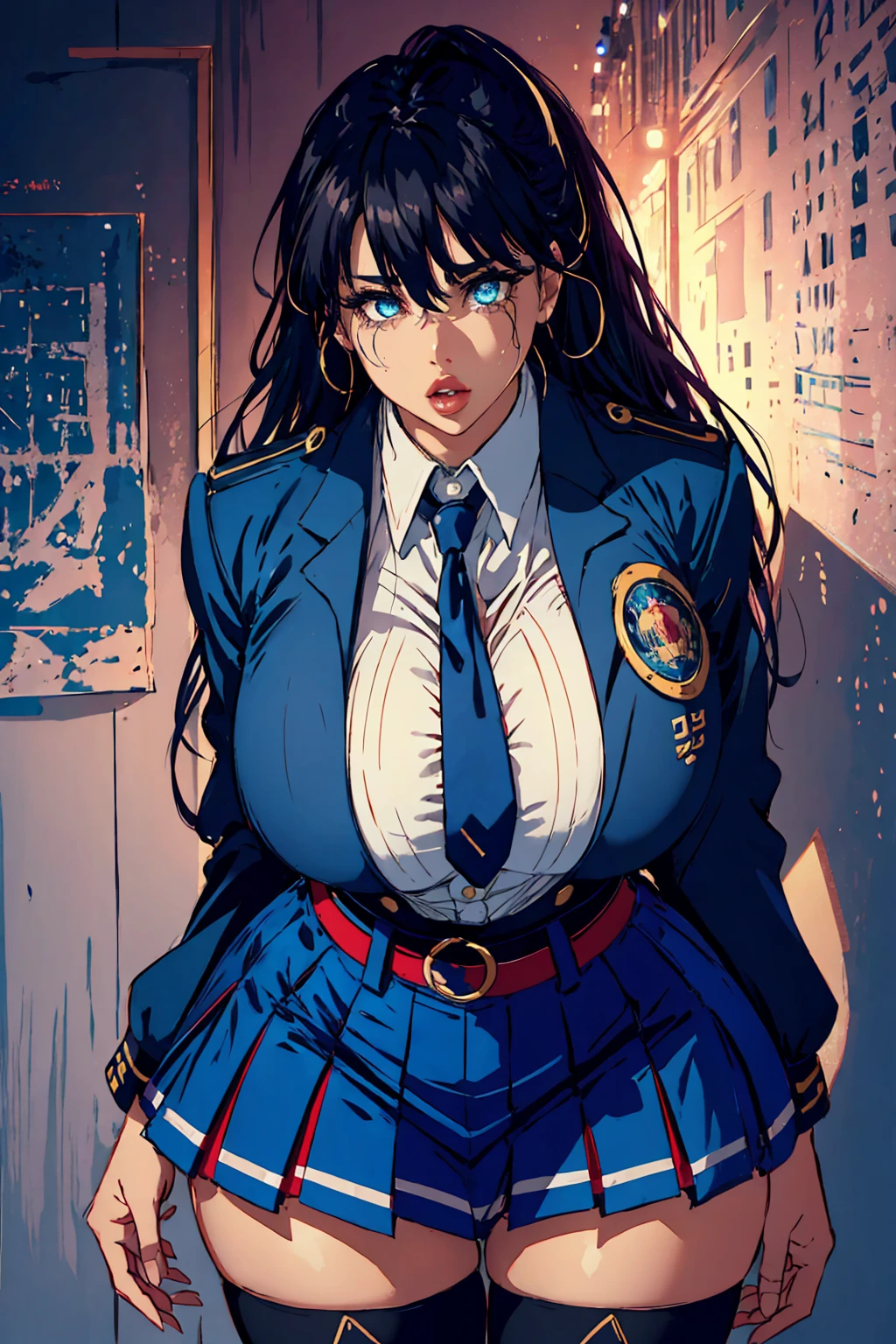 masterpiece, best quality, illustration, Super detailed, fine details, High resolution, 8K,wall paper, perfect dynamic composition,(Details High quality, realistic depiction of eyes:1.3), from side, High School Classroom、High school girl uniform、blazer 、Super Short Check Uniform Skirt、Navy blue high socks、garterbelts、Colossal 、Disturbed uniform,  straight hair, black hair color, huge breasts, Big Natural Color Lip, bold sexy pose, (perfect body shape), crying a little、Harajuku style、20 year old girl、 beautiful legs, hposing Gravure Idol, Voluptuous thighs