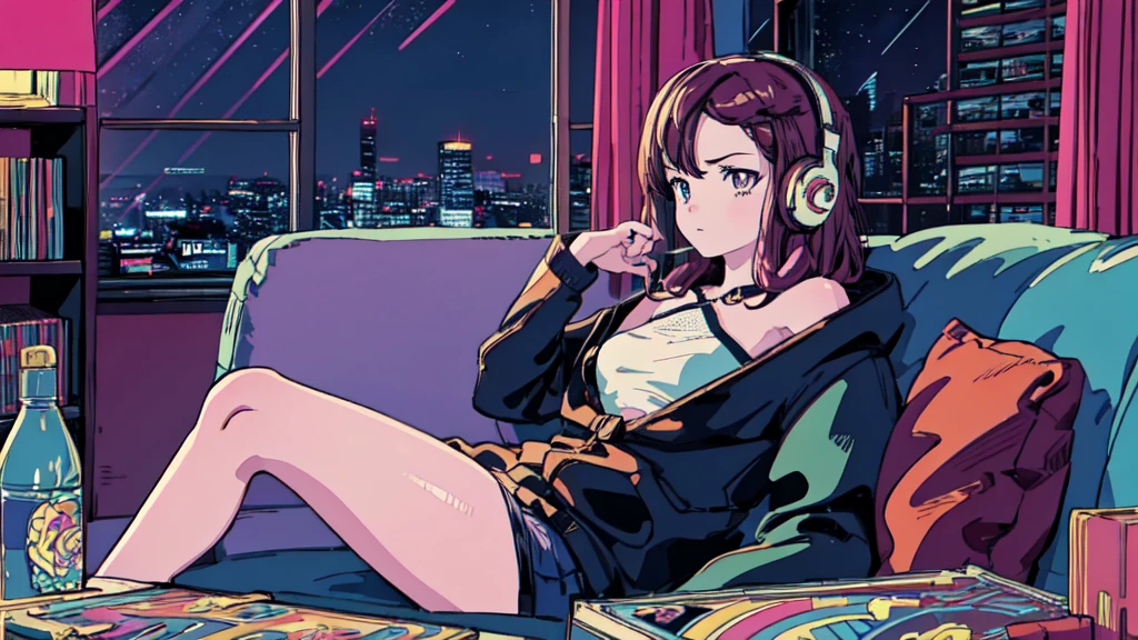 Highest quality, 4k wallpaper, masterpiece, Highly detailed CG Unity 8k wallpaper, Very fine grain, Super detailed, Intricate details, Retro art style, ((Synthwave art style)), (Girl sitting on sofa,In a cozy room,Records hanging on her wall, Comic books on the floor, Looking out the window behind her at the night city, Upholstered room, Anime figures lined up on a shelf,Wearing headphones)