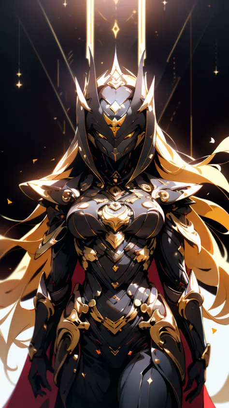 a woman adorned in fantasy-style full-body armor, a crown-concept fully enclosed helmet that unveils only her eyes, a composite ...