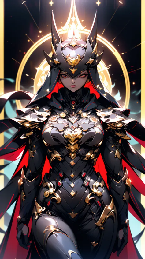 A woman adorned in fantasy-style full-body armor, a crown-concept fully enclosed helmet that unveils only her eyes, a composite ...