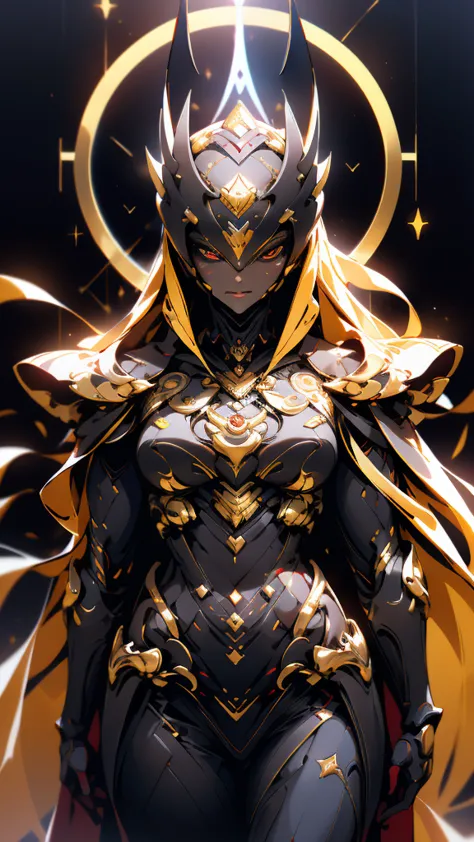 A woman adorned in fantasy-style full-body armor, a crown-concept fully enclosed helmet that unveils only her eyes, a composite ...