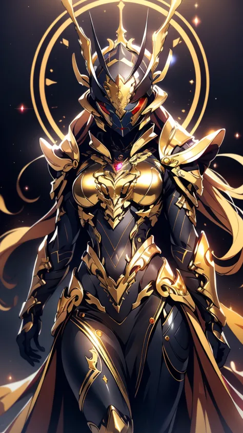 A woman adorned in fantasy-style full-body armor, a crown-concept fully enclosed helmet that unveils only her eyes, a composite ...