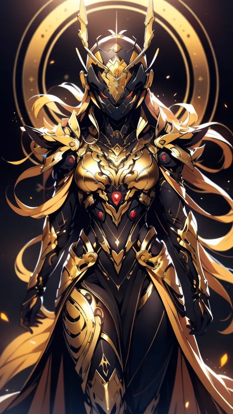 A woman adorned in fantasy-style full-body armor, a crown-concept fully enclosed helmet that unveils only her eyes, a composite ...