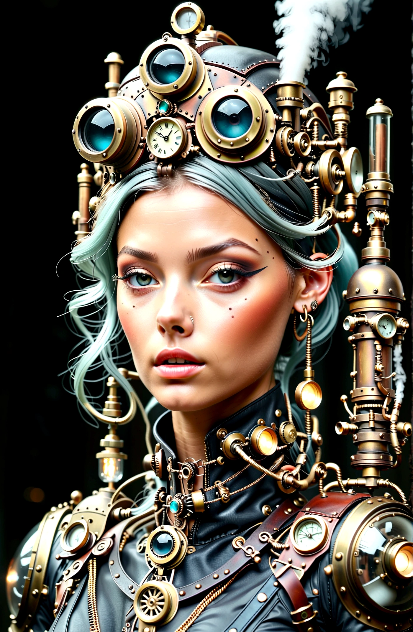 ((​masterpiece)), (best quality), (filmic),(Extreme detail CG Unity 8K wallpaper), 1 girl, fit,Delicious company, small breasts,(no protective goggles on the face)(very long silver hair),a stunning silver-haired steampunk woman sitting on the floor, who lost her forearm in an accident, but instead received a beautifully designed, fine and perfectly fitting robotic prosthesis(steampunk style)sits relaxed on the floor in front of a dystopian steampunk backdrop with machines and factories.and with this prosthesis she shows us a sealed, delicate poison glass bottle with blue liquid in it in. Hand-forearm prosthesis made of brass and leather. She wears tight-fitting clothes ( steampunk pilot suit with cut-outs and buckles).Leather and decorative goggles on the head, also made of brass and leather. The landscape is a bit gloomy, but also impressive.,1 line drawing,the picture,steampunk style 