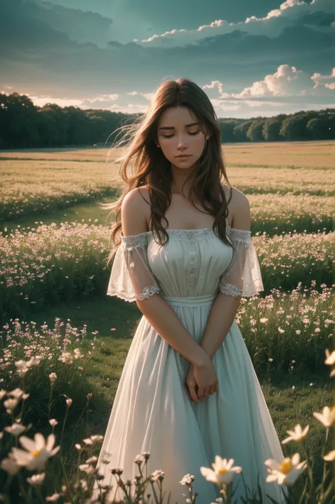 a beautiful young woman in a field of flowers, natural lighting, cinematic, dreamy, nostalgic, film grain, shallow depth of fiel...