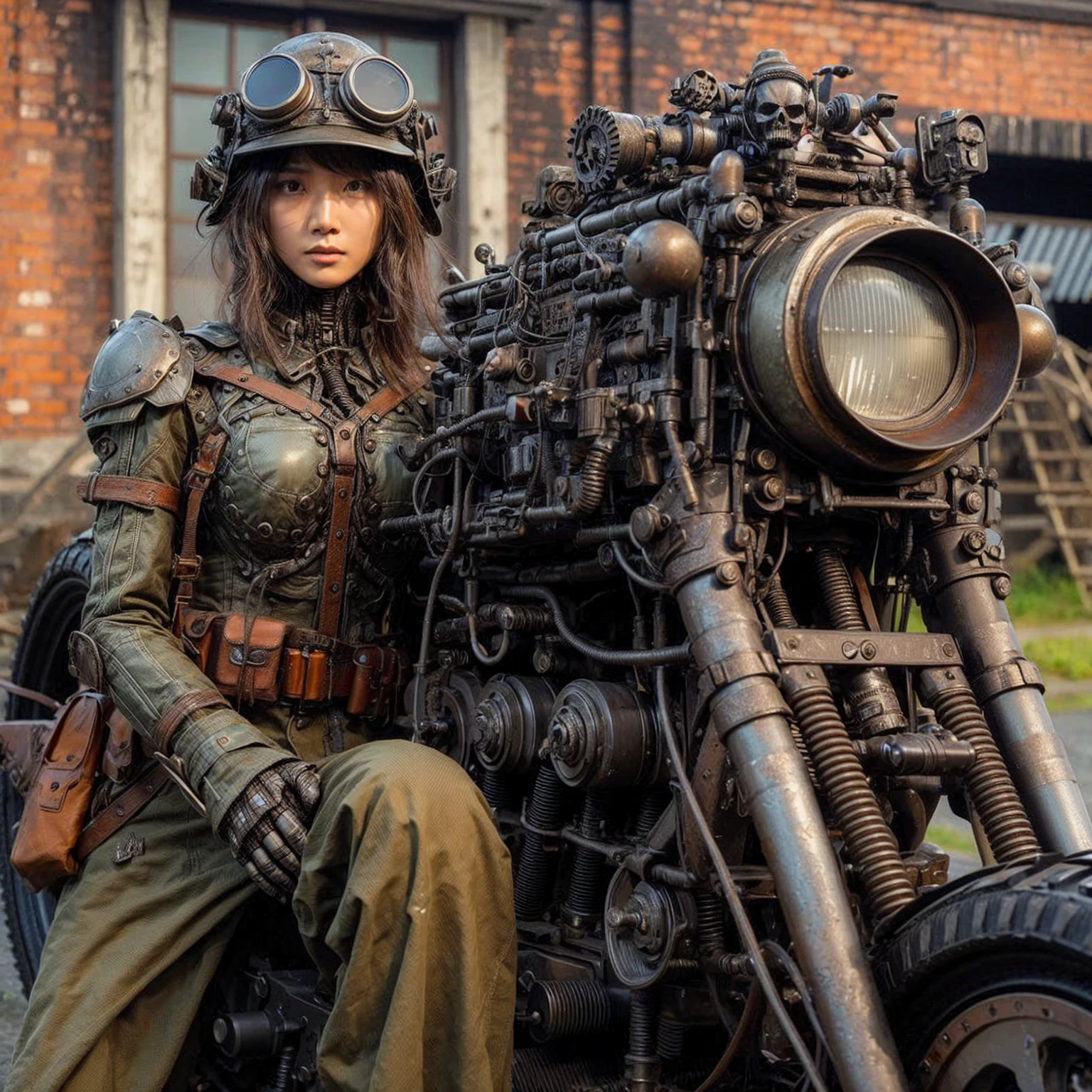 Dystopian night scene, very intricate details, Japanese woman wearing model-like armor, beautiful face, legs, cylinders that look like muscles, pose in motion, 8k, ultra high resolution, super realism, realistic photo, taken with Fuji film X-T30.+Nokton. HDR10