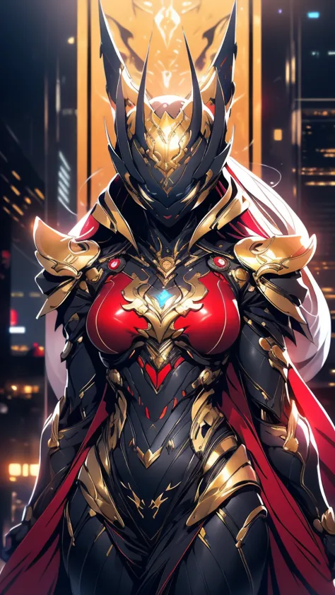 A woman adorned in fantasy-style full-body armor, a crown-concept fully enclosed helmet that unveils only her eyes, a composite ...