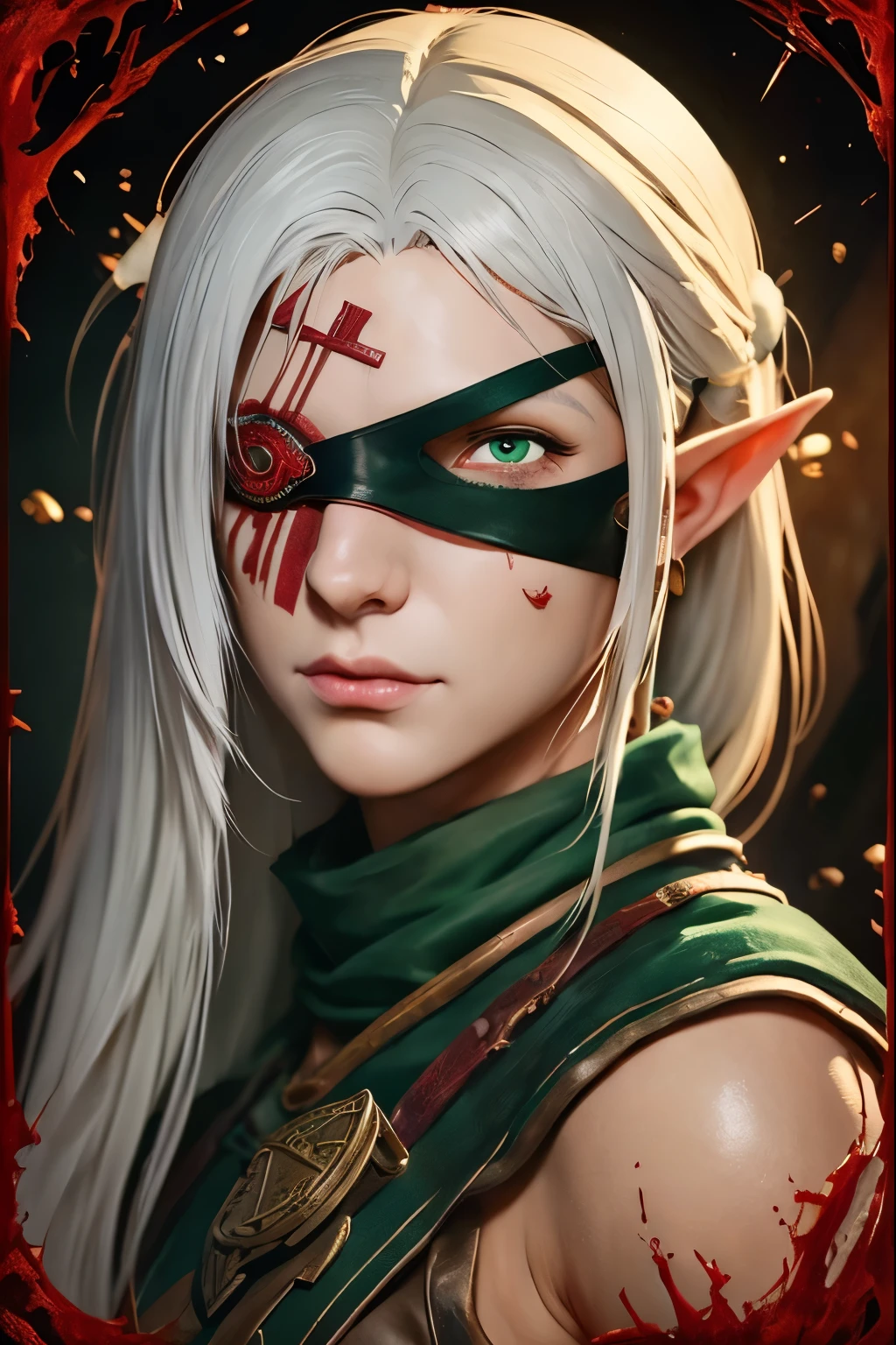 (Ultra-detailed face, One eye with an eye patch), (Fantasy Illustration with Gothic & Ukiyo-e & Comic Art), (Full Body, A middle-aged elf woman with white hair, blunt bangs, Very Very long disheveled hair, dark purple skin, lavender eyes), (She is wrapped all over with bandages soaked with formalin and various green, yellow, and red chemicals), (She is bandaged all over like a mummy with one eye, wearing a leather eye patch with rubies, and perched on a rock), BREAK (In the background, one can see a red sandstorm swell desert and a tomb made of red stone, red small moon)