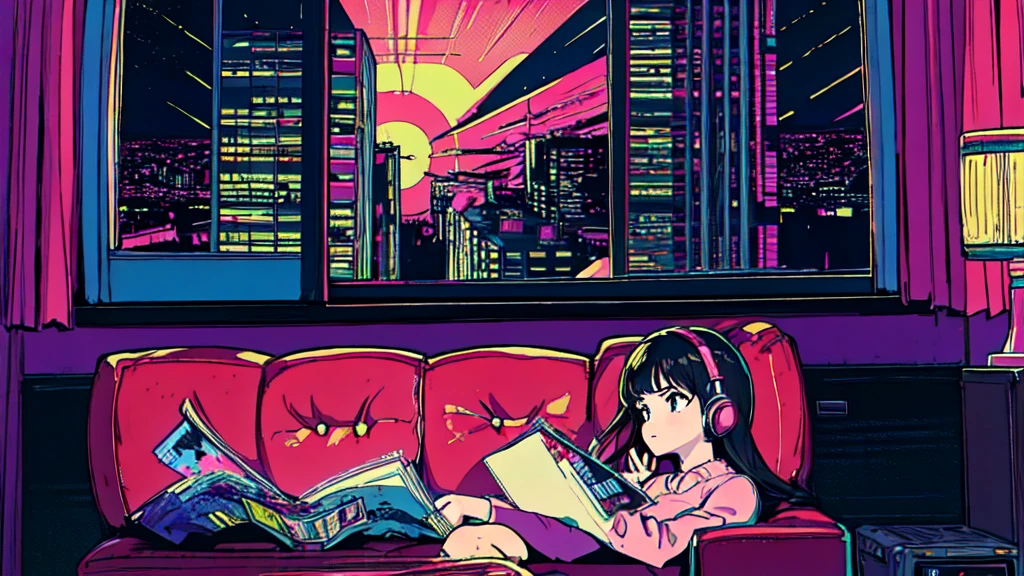 mais alta qualidade, Papel de parede 4k, obra de arte, Papel de parede CG Unity 8k altamente detalhado, Grão muito fino, super detalhado, detalhes intrincados, Estilo de arte retrô, ((estilo de arte synthwave)), (menina sentada no sofá,Em um quarto aconchegante,Discos pendurados na parede, Histórias em quadrinhos no chão, Olhando pela janela atrás dela para a cidade noturna, Quarto estofado, Figuras de anime alinhadas em uma prateleira,Usando fones de ouvido)