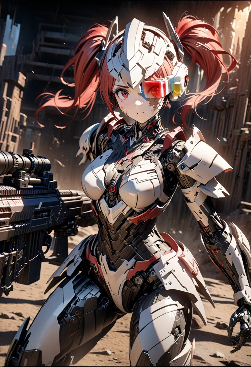 3D digital art from the fantasy world, 1girl, robot girl, red hair, twin tails, red eyes, white and gray camouflage clothing, she wearing flashy robot armor, (holding  long range rifle:1.2) , a robot-like helmet on the head, (1 red monitor scouter in one eye, the skin on half of the face has peeled off), (the base of the cyborg is visible), (face full of scars), dynamic pose,cowboy shot, shot from an angle,High resolution, high precision images, 4k, 8k, best quality, hyper-detailed,  intricate details, cinematic lighting, dramatic colors, concept art style