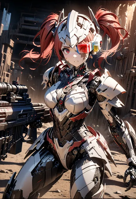 3D digital art from the fantasy world, 1girl, robot girl, red hair, twin tails, red eyes, white and gray camouflage clothing, sh...