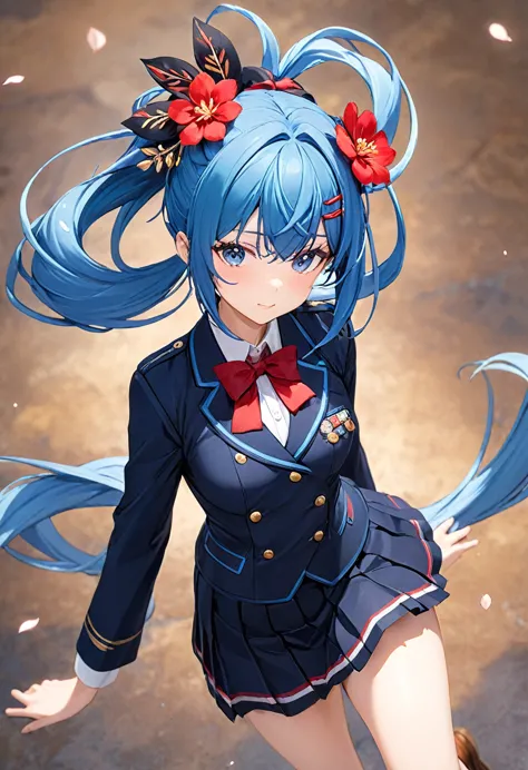 blue hair，double low ponytail，ponytail with red flower hairpin，dark blue uniform，skirt，red bow tie