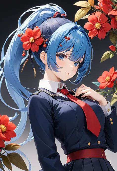 blue hair，double low ponytail，ponytail with red flower hairpin，dark blue uniform，skirt，red bow tie