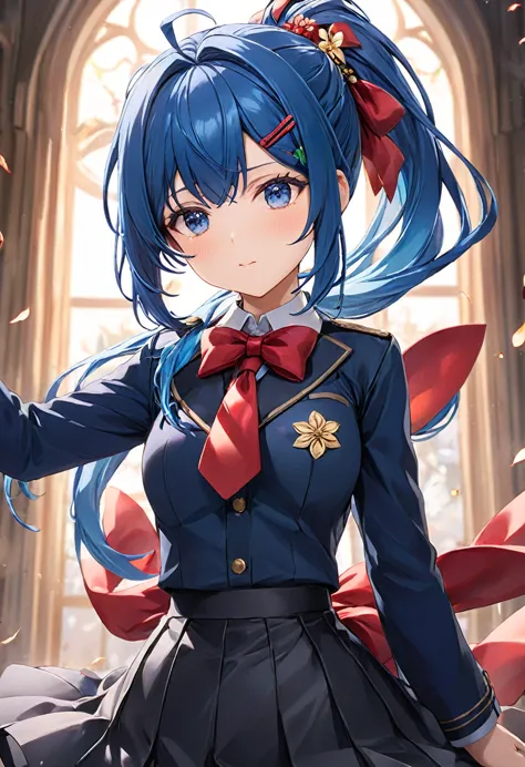 blue hair，double low ponytail，ponytail with red flower hairpin，dark blue uniform，skirt，red bow tie