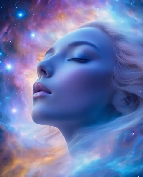 samdoesarts style a close up of a woman's face with her eyes closed, nebula background, 5 0 0 px models, soul leaving body, four...