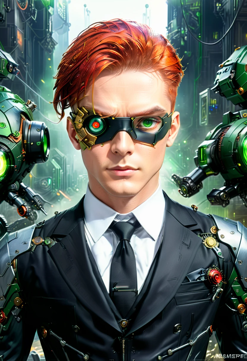 Arafed uma foto de um espião humano, Vestindo dark suit, Vestindo ((tapa-olho mecha)), ((tapa-olho cobrindo apenas um olho: 1.5))lindo macho requintado, cabelo vermelho, cabelo curto, olhos verdes, ((o tapa-olho tem uma parte mecânica complexa: 1.4)), fundo de evento de gala da alta sociedade, (obra de arte: 1.5), 16k, alta resolução, melhor qualidade, detalhes altos, ultra detalhado, obra de arte, melhor qualidade, (extremamente detalhado), Criaturas Mecânicas