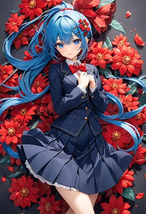 blue hair，double low ponytail，ponytail with red flower hairpin，navy blue，skirt，red bow tie