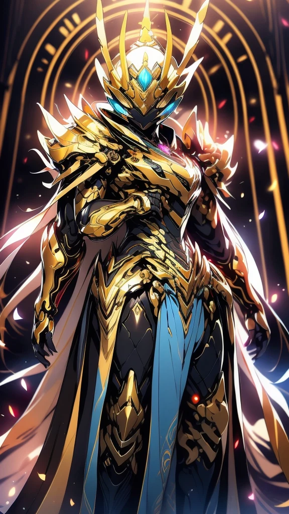 A woman adorned in fantasy-style full-body armor, a crown-concept fully enclosed helmet that unveils only her eyes, a composite layered chest plate, fully encompassing shoulder and hand guards, a lightweight waist armor, form-fitting shin guards, the overall design is heavy-duty yet flexible, (the armor gleams with a golden glow, complemented by red and blue accents), exhibiting a noble aura, she floats above a fantasy-surreal high-tech city, this character embodies a finely crafted fantasy-surreal style armored hero in anime style, exquisite and mature manga art style, (mixture of Queen bee and Spider concept Armor, plasma), ((Element, elegant, goddess, femminine:1.5)), metallic, high definition, best quality, highres, ultra-detailed, ultra-fine painting, extremely delicate, professional, anatomically correct, symmetrical face, extremely detailed eyes and face, high quality eyes, creativity, RAW photo, UHD, 32k, Natural light, cinematic lighting, masterpiece-anatomy-perfect, masterpiece:1.5