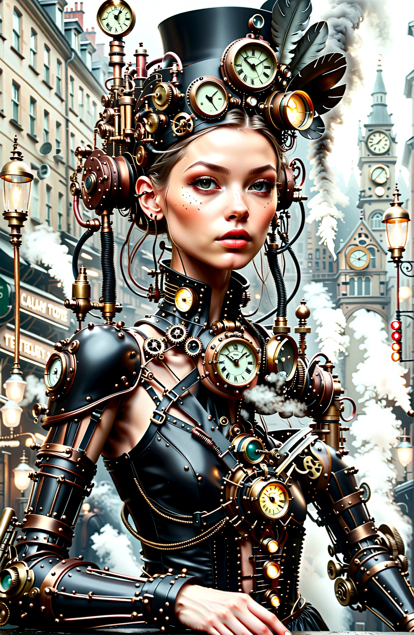((​masterpiece)), (best quality), (filmic),(Extreme detail CG Unity 8K wallpaper), 1 girl, fit,Delicious company, small breasts,(no protective goggles on the face)(very long silver hair),a stunning red-haired steampunk woman, who lost her forearm in an accident, received as a replacement a beautifully designed, fine and perfectly fitting robotic prosthesis(steampunk style)poses cool in front of machines and factories. with this prosthesis she shows us a sealed, delicate poison glass bottle with blue liquid in it in. Hand-forearm prosthesis made of brass and leather. She wears tight-fitting clothes ( steampunk pilot suit with cut-outs and buckles).Leather and decorative goggles on the head, also made of brass and leather. The landscape is a bit gloomy, but also impressive.,1 line drawing,the picture,steampunk style
