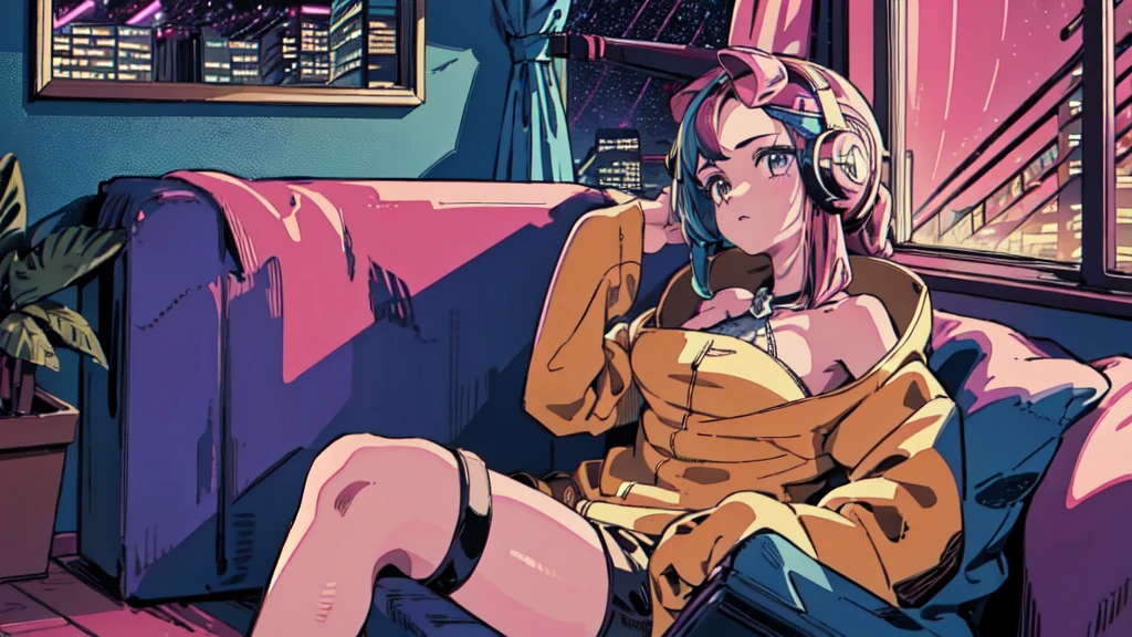 Highest quality, 4k wallpaper, masterpiece, Highly detailed CG Unity 8k wallpaper, Very fine grain, Super detailed, Intricate details, Retro art style, ((Synthwave art style)), (Girl sitting on sofa,In a cozy room,Records hanging on her wall, Comic books on the floor, Looking out the window behind her at the night city, Upholstered room, Anime figures lined up on a shelf,Wearing headphones)