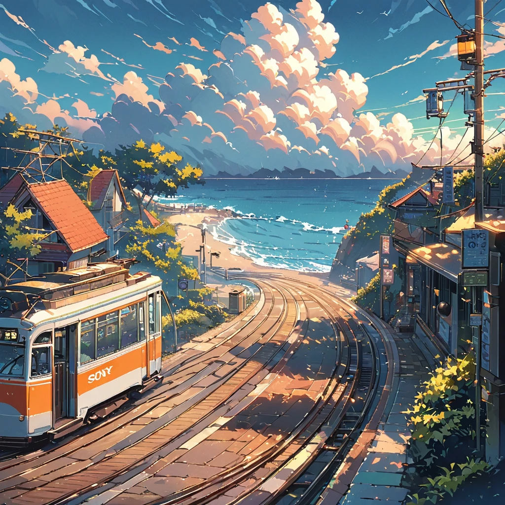 ((anime:1.4,illustration)),(masterpiece, top quality, best quality),(ultra-detailed, absolutely resolution),((16k, high res)), (((tram, seaside, blue sky, cumulonimbus cloud)) ((cozy lofi illustration:1.4)), ((anime:1.4, illustration)),(masterpiece, top quality, best quality),(ultra-detailed, absolutely resolution),((16k, high res)) BREAK {lofi art, style of Laurie Greasley, style of Makoto Shinkai, anime aesthetic}, BREAK { (produces images with information than 40 million pixels with cinematic-like detailed textures shot on a Sony SLR).}