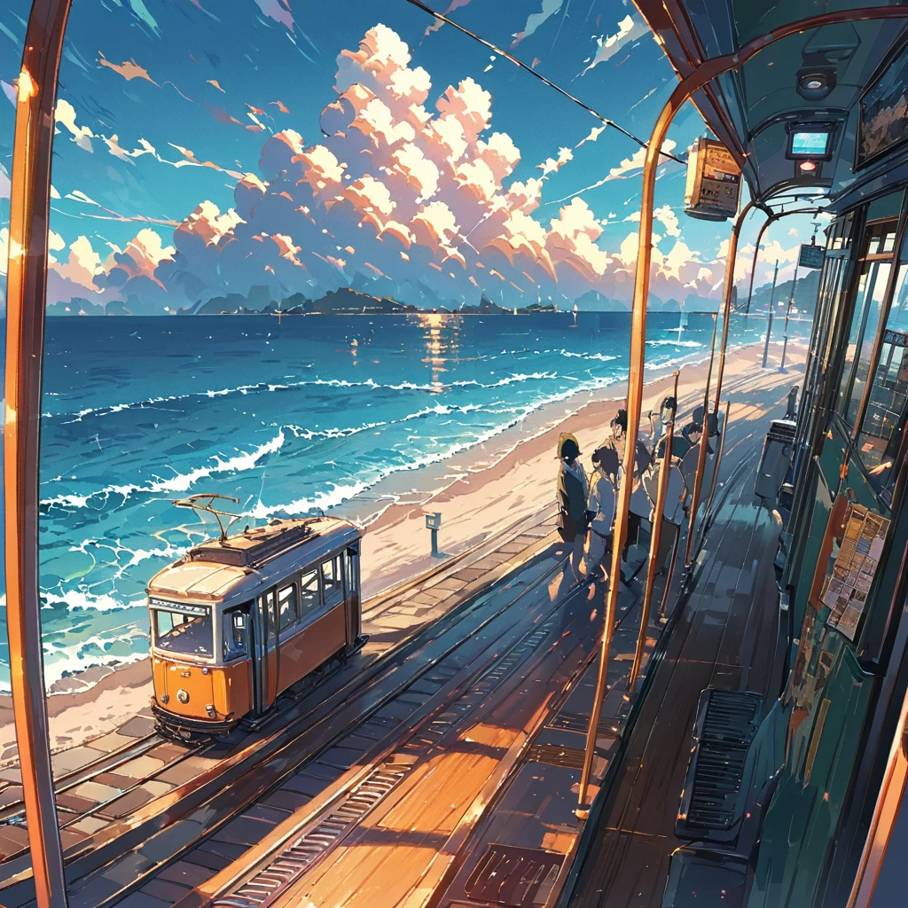 ((anime:1.4,illustration)),(masterpiece, top quality, best quality),(ultra-detailed, absolutely resolution),((16k, high res)), (((tram, seaside, blue sky, cumulonimbus cloud)) ((cozy lofi illustration:1.4)), ((anime:1.4, illustration)),(masterpiece, top quality, best quality),(ultra-detailed, absolutely resolution),((16k, high res)) BREAK {lofi art, style of Laurie Greasley, style of Makoto Shinkai, anime aesthetic}, BREAK { (produces images with information than 40 million pixels with cinematic-like detailed textures shot on a Sony SLR).}