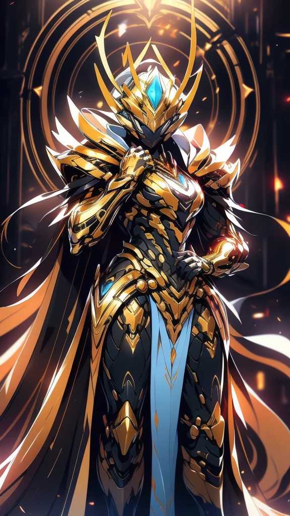 A woman adorned in fantasy-style full-body armor, a crown-concept fully enclosed helmet that unveils only her eyes, a composite layered chest plate, fully encompassing shoulder and hand guards, a lightweight waist armor, form-fitting shin guards, the overall design is heavy-duty yet flexible, (the armor gleams with a golden glow, complemented by red and blue accents), exhibiting a noble aura, she floats above a fantasy-surreal high-tech city, this character embodies a finely crafted fantasy-surreal style armored hero in anime style, exquisite and mature manga art style, (mixture of Queen bee and Spider concept Armor, plasma), ((Element, elegant, goddess, femminine:1.5)), metallic, high definition, best quality, highres, ultra-detailed, ultra-fine painting, extremely delicate, professional, anatomically correct, symmetrical face, extremely detailed eyes and face, high quality eyes, creativity, RAW photo, UHD, 32k, Natural light, cinematic lighting, masterpiece-anatomy-perfect, masterpiece:1.5