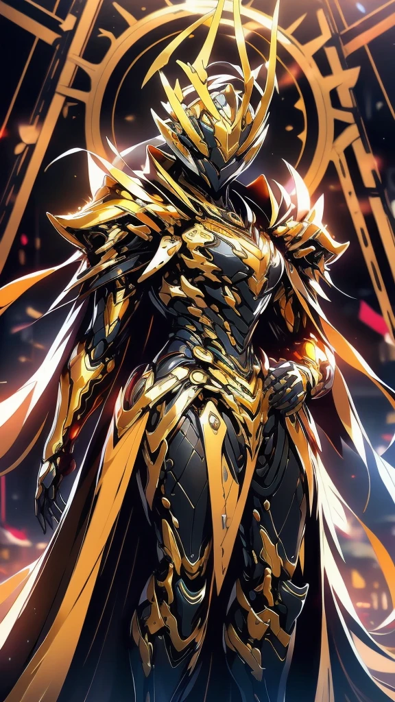 A woman adorned in fantasy-style full-body armor, a crown-concept fully enclosed helmet that unveils only her eyes, a composite layered chest plate, fully encompassing shoulder and hand guards, a lightweight waist armor, form-fitting shin guards, the overall design is heavy-duty yet flexible, (the armor gleams with a golden glow, complemented by red and blue accents), exhibiting a noble aura, she floats above a fantasy-surreal high-tech city, this character embodies a finely crafted fantasy-surreal style armored hero in anime style, exquisite and mature manga art style, (mixture of Queen bee and Spider concept Armor, plasma), ((Element, elegant, goddess, femminine:1.5)), metallic, high definition, best quality, highres, ultra-detailed, ultra-fine painting, extremely delicate, professional, anatomically correct, symmetrical face, extremely detailed eyes and face, high quality eyes, creativity, RAW photo, UHD, 32k, Natural light, cinematic lighting, masterpiece-anatomy-perfect, masterpiece:1.5