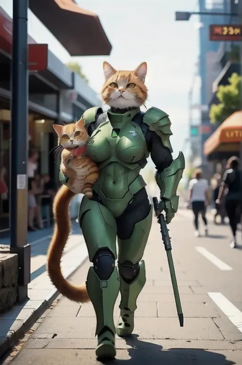 A 21 year old、Strong build、Wearing《Doom》Green Doom Marine armor、Full breasts、Strong female orange cat holding a giant futuristic...