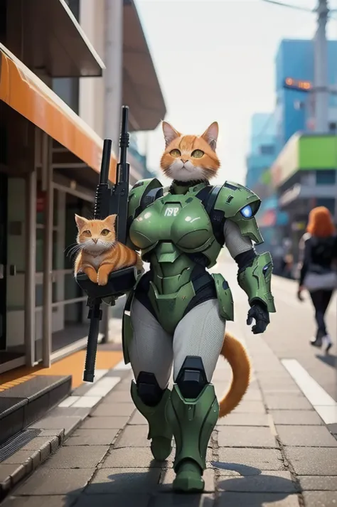 A 21 year old、Strong build、Wearing《Doom》Green Doom Marine armor、Full breasts、Strong female orange cat holding a giant futuristic...
