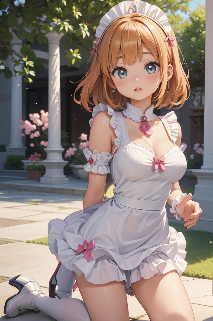 masterpiece, best quality, highres, perfect pixel, depth of field, 1girl, single, solo, beautiful anime girl, beautiful artstyle, (beautiful eyes), (detailed face), (blush), anime CG style, (medium breasts), good lighting, perfect body, lips parted, (sakura kinomoto), glossy lips, (maid), cleavage, high heels、yellow hair, bright eyes, serious, hairstyle back, short hair